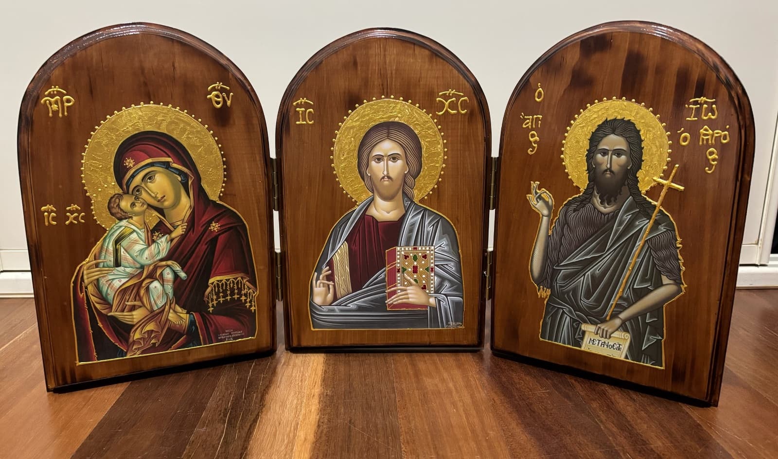 Icon of Christ, Panagia and St John the Baptist - 33cm (h) x 62cm (w)